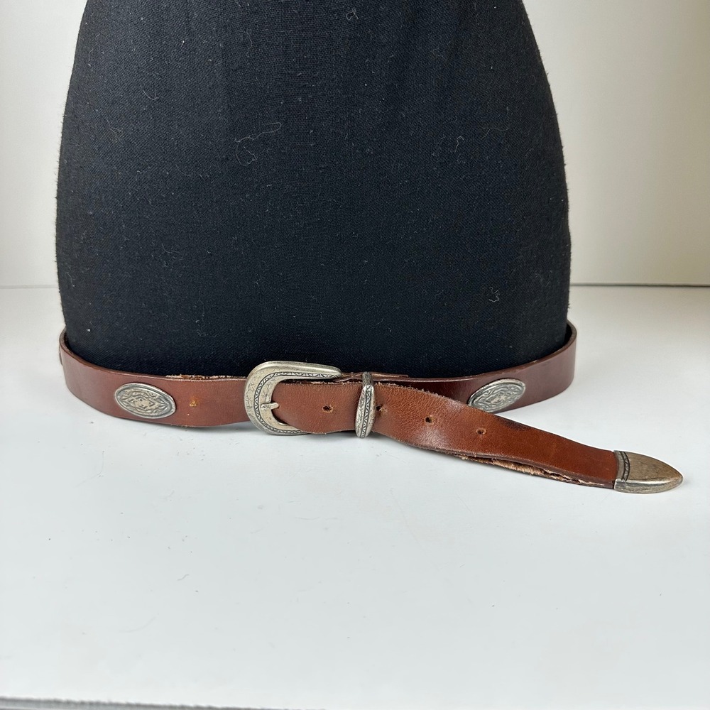 Vintage Western Brown Leather Concho Belt Silverβ Tone Engraved Buckle Size XL *